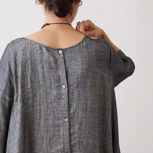 【一衣兩穿】圓領百搭長款多扣麻料開衫中袖洋裝/開衫-Cicimode