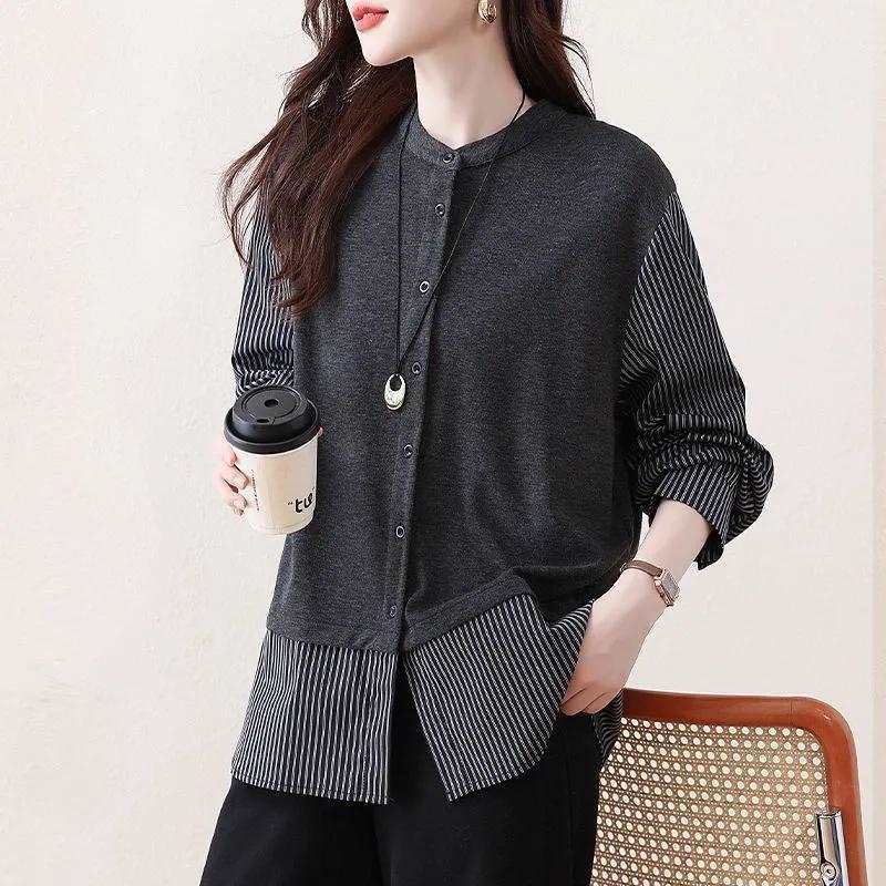 時尚洋氣高檔條紋拼接寬鬆遮肉假兩件襯衫-Cicimode