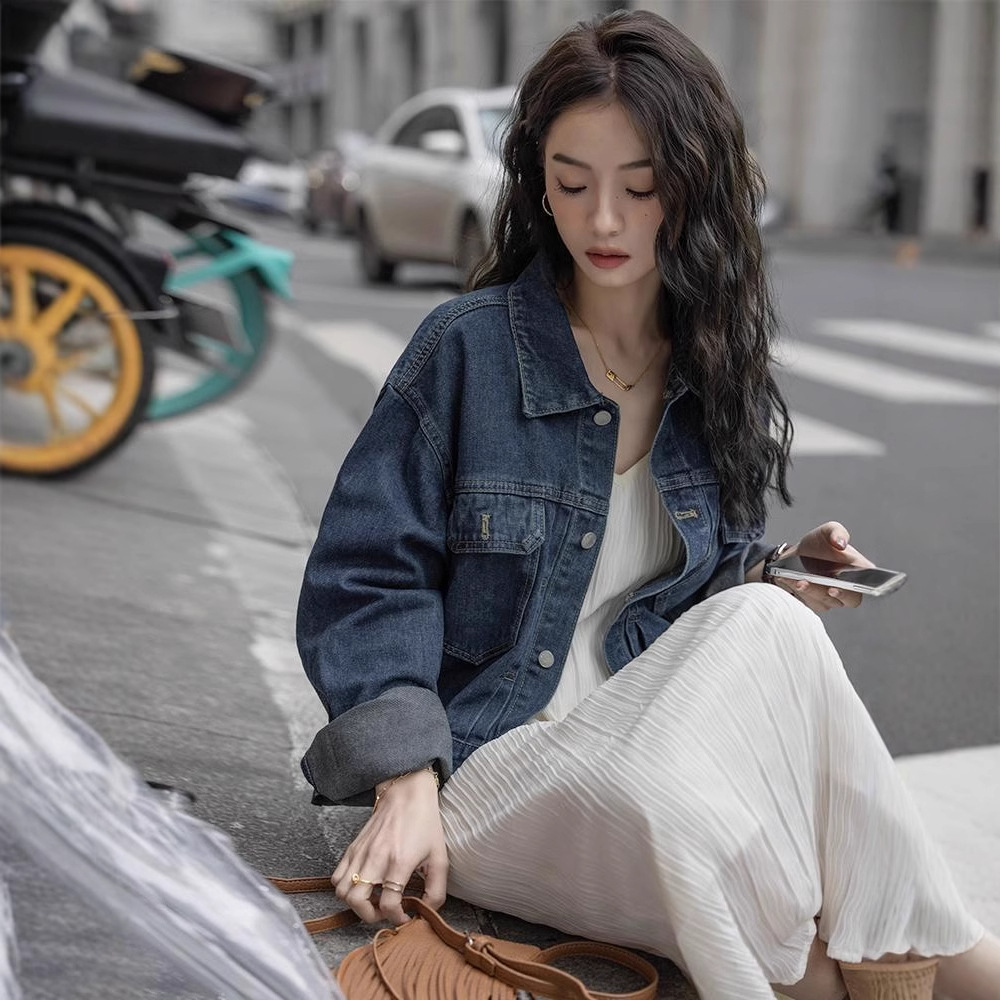 港風休閒韓版寬鬆丹寧藍短版牛仔外套