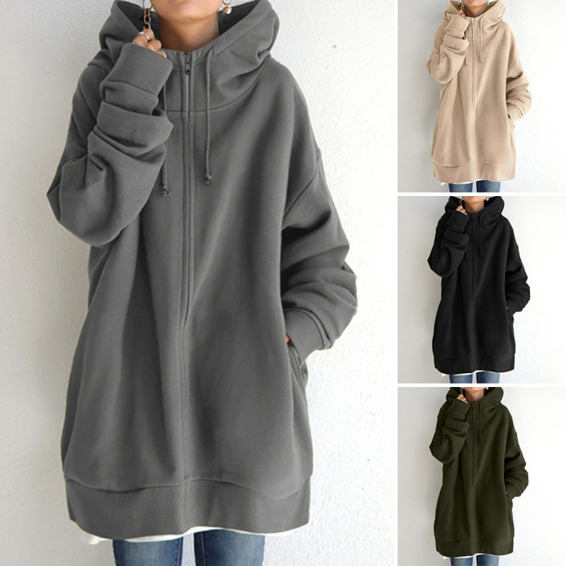 個性街頭拉鍊連帽長款加絨衛衣
