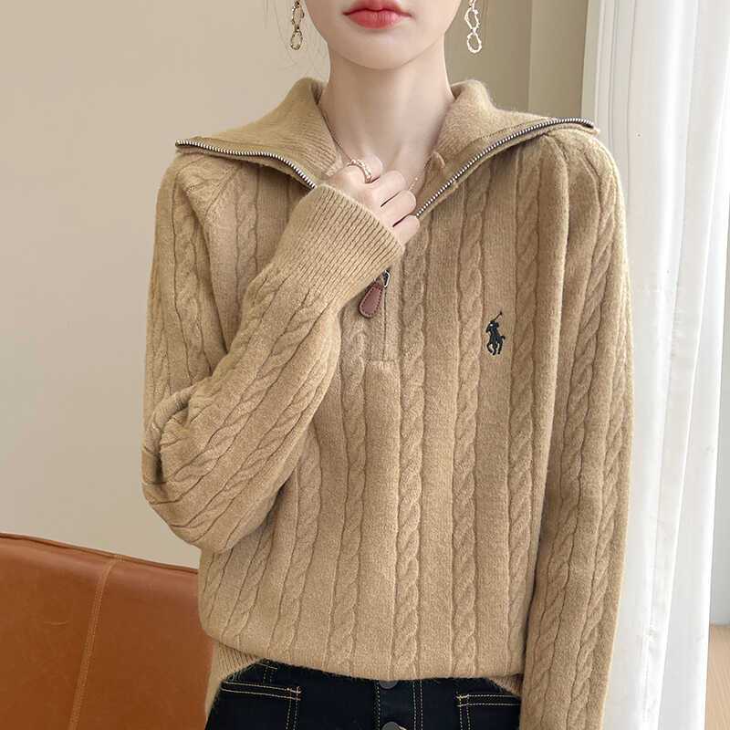 半拉鏈立領寬鬆翻領小馬刺繡針織毛衣