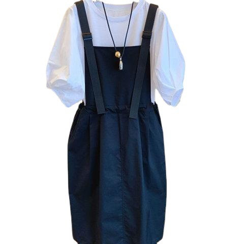 【可單買】韓版泡泡袖上衣+顯瘦收腰背帶連身裙套裝