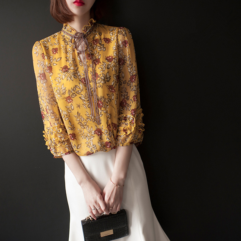 洋氣長袖燈籠袖打底衫收腰碎花襯衫