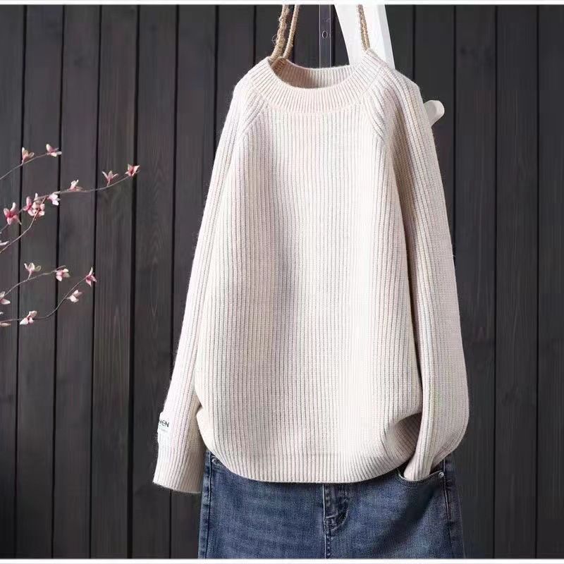 【9色】簡約文藝寬鬆慵懶風圓領純色針織長袖