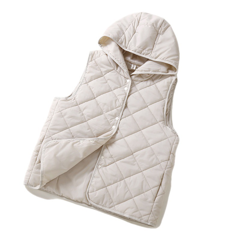 輕薄氣質寬鬆無袖連帽保暖菱格羽絨棉服