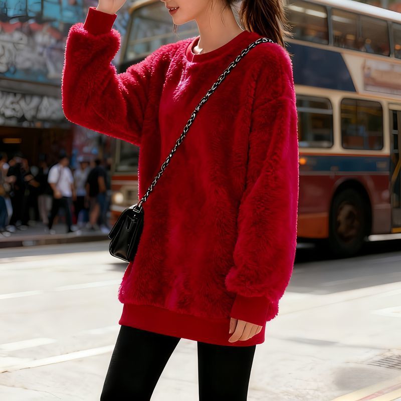 韓版寬鬆百搭刷毛加厚圓領珊瑚絨長袖-Cicimode