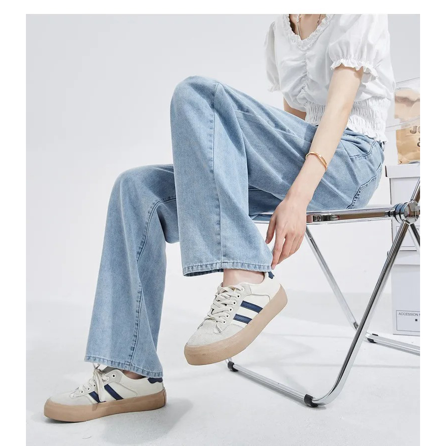 韓版休閒高腰寬鬆直筒垂感闊腿牛仔褲裝-Cicimode