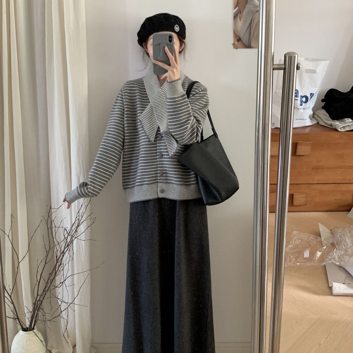 【單件/套裝】韓系復古高級感條紋寬鬆針織衫毛衣+圍巾+高腰半身裙三件套-Cicimode