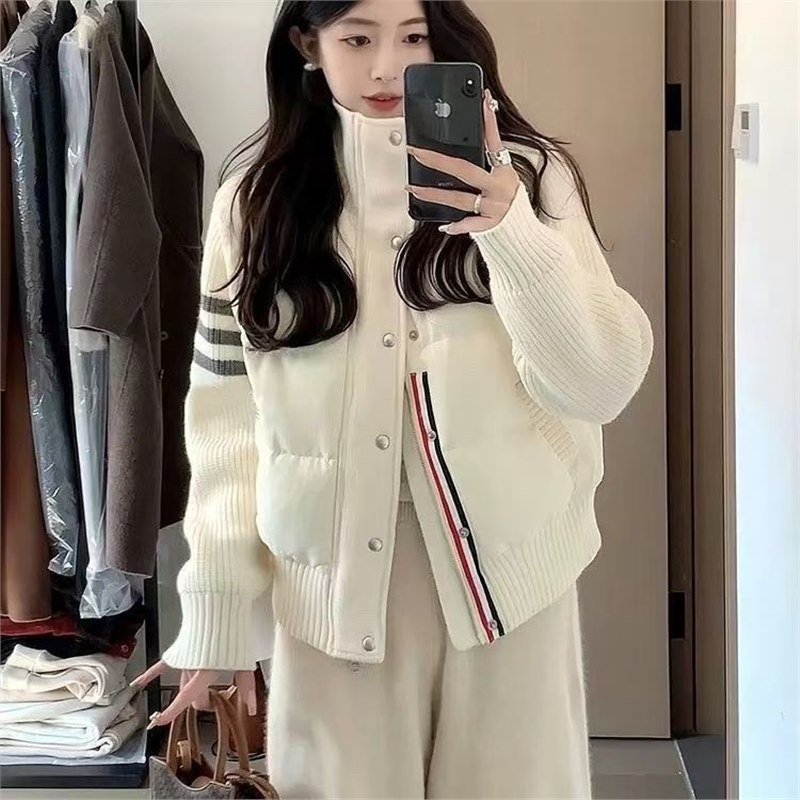 短版休閑立領加厚保暖針織拼接羽絨棉服