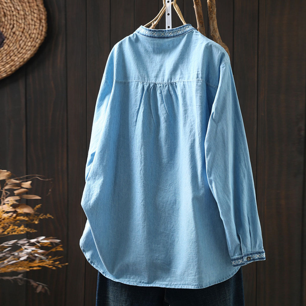 刺繡立領寬鬆牛仔復古套頭長袖襯衫