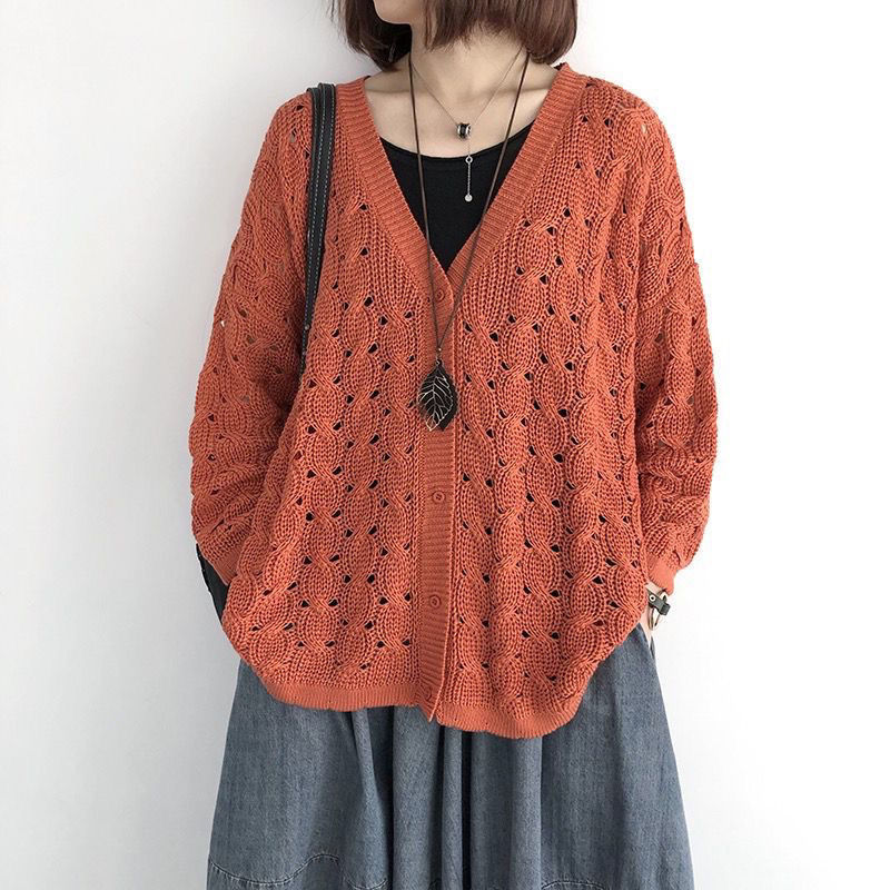 7色鏤空大碼顯瘦網眼長袖針織衫開衫-Cicimode