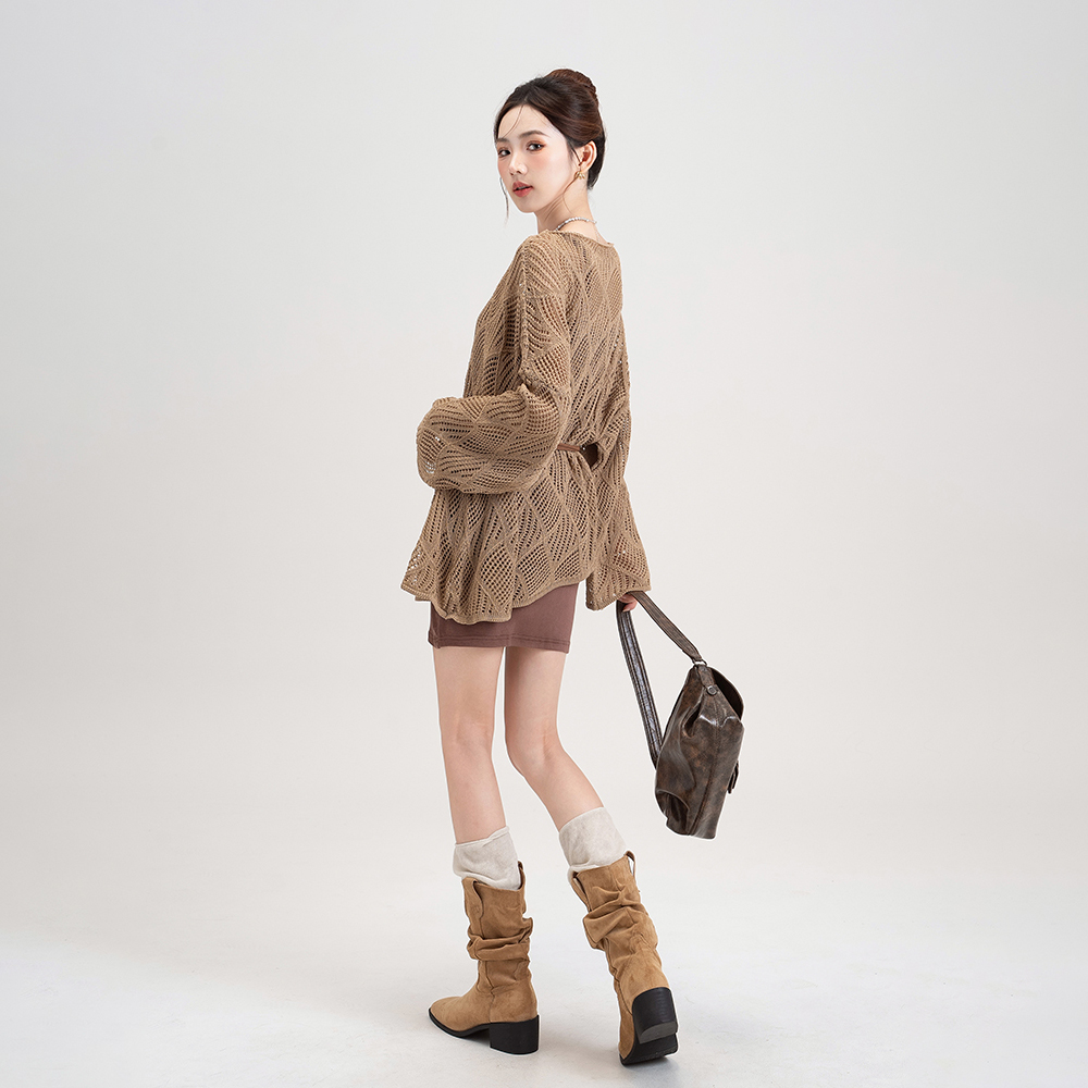 鏤空設計感純色菱形格慵懶風長袖針織罩衫-Cicimode