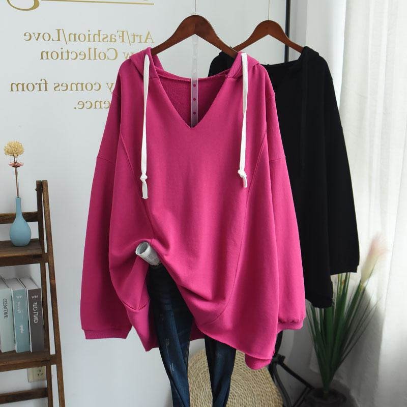 時尚休閒純色V領連帽寬鬆中長款長袖衛衣-Cicimode