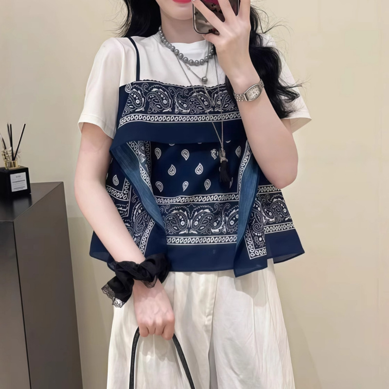 民族風設計感拼接時尚假兩件短袖T恤