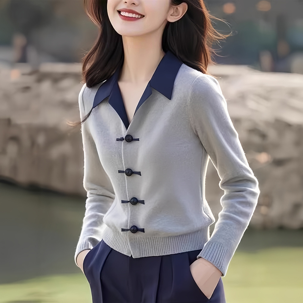 新中式高級感灰色拼接翻領針織開衫-Cicimode