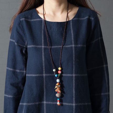 文藝寬鬆氣質格子棉麻長袖連身裙