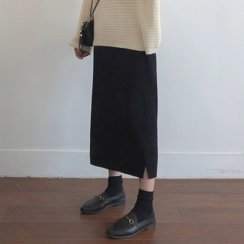 高腰直筒開叉中長款A字裙針織半身裙