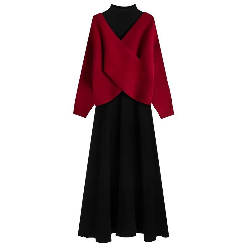 【單件/套裝】洋氣時尚減齡過年氛圍針織紅色毛衣+修身洋裝兩件套裝