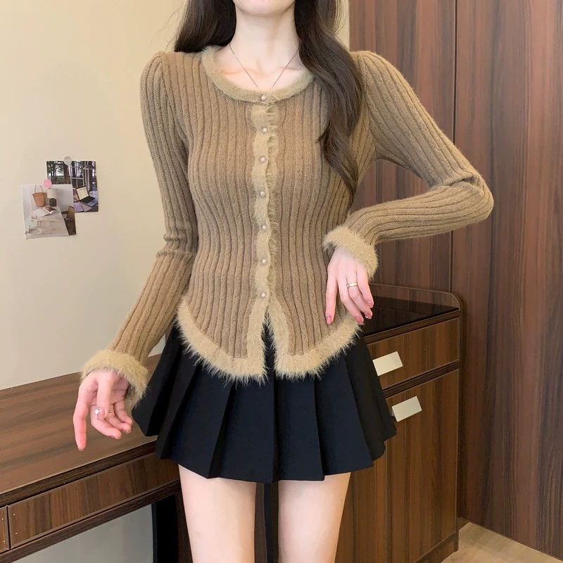 美拉德復古拼接毛邊修身顯瘦針織開衫