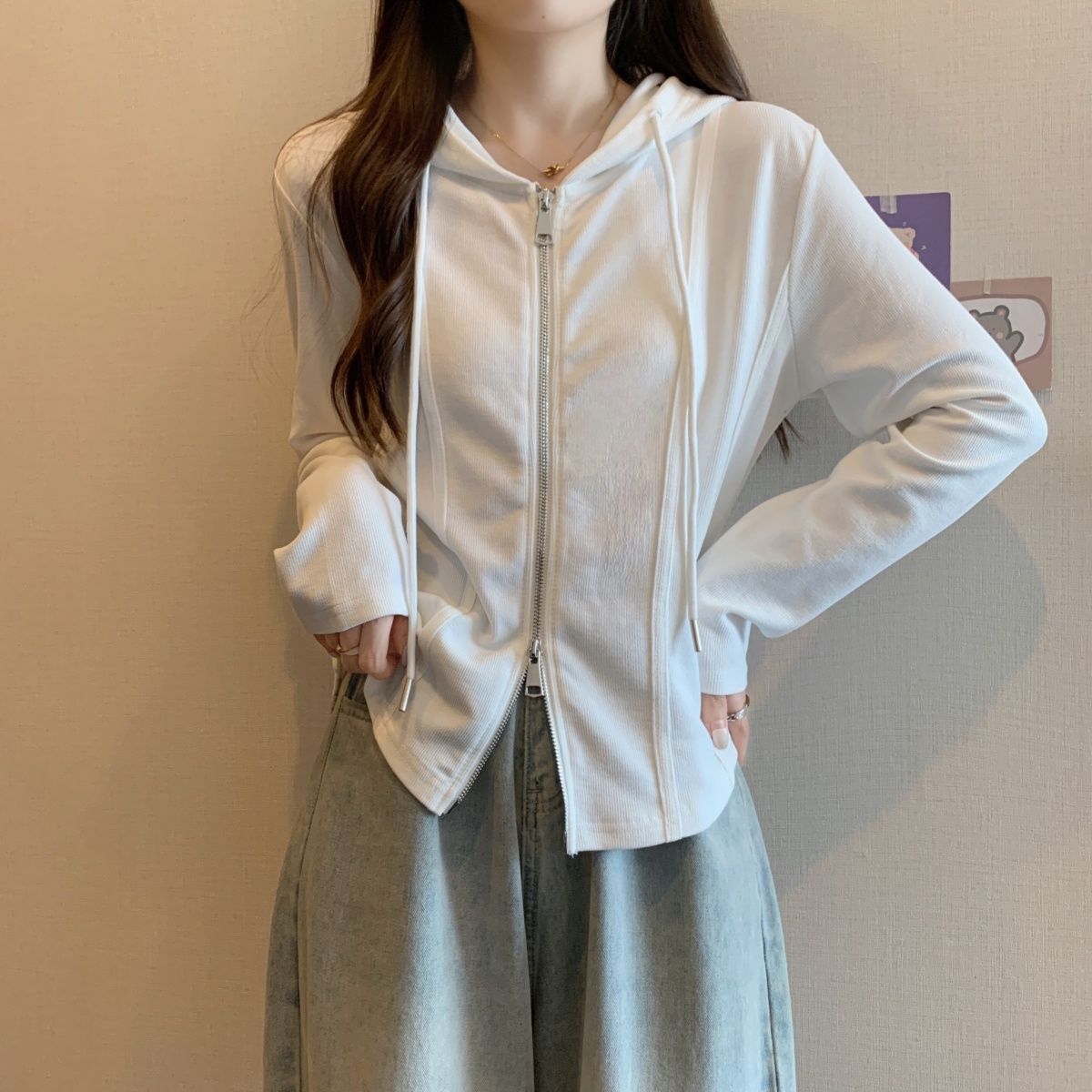 韓版顯瘦雙拉鍊不規則連帽寬鬆長袖T恤-Cicimode