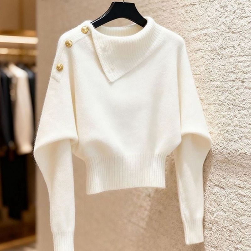 高級感韓系慵懶可外穿不規則翻領針織毛衣-Cicimode