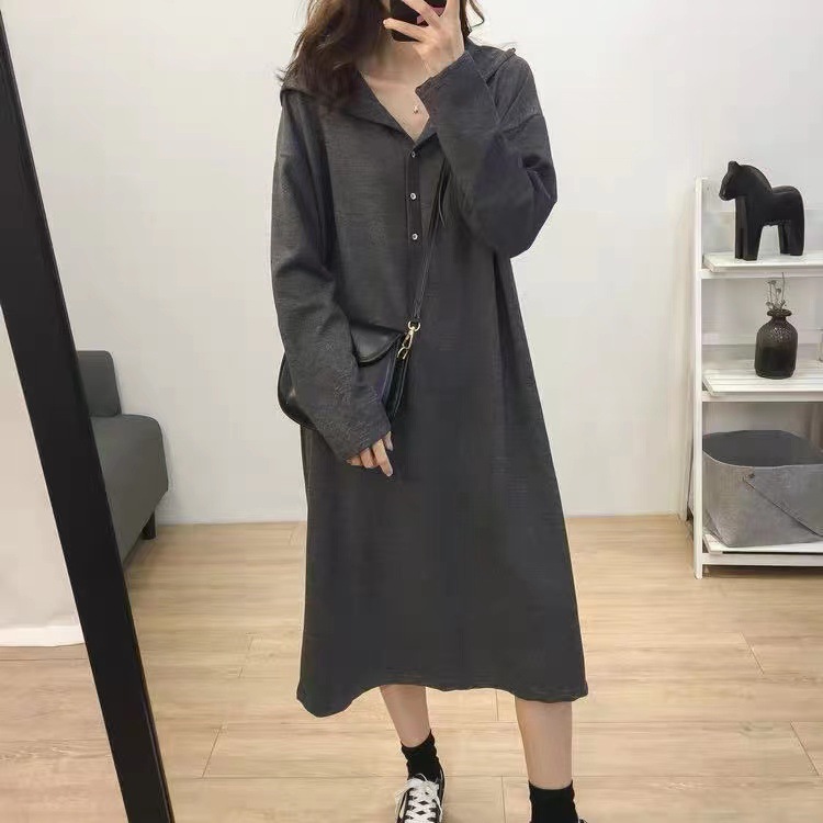 韓版復古顯瘦連帽長款過膝衛衣連身裙