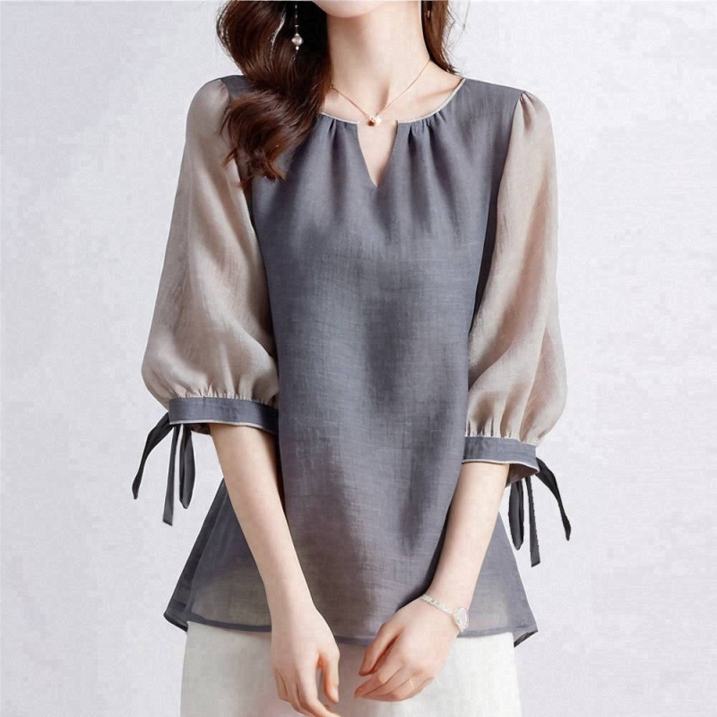 日韓休閑圓v領袖口綁帶撞色時尚灰色上衣