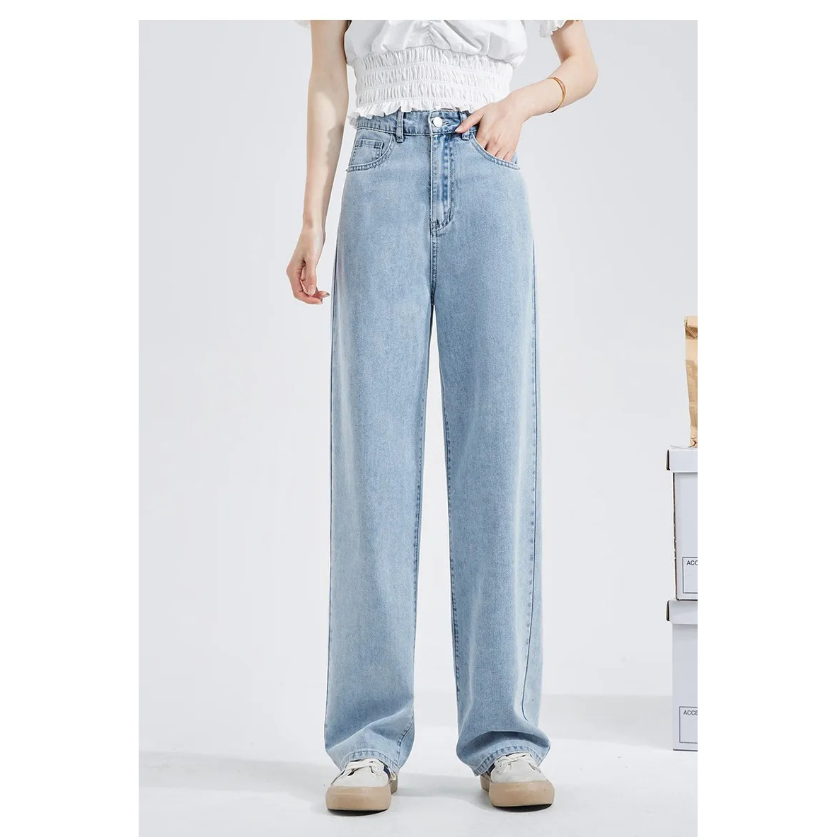 韓版休閒高腰寬鬆直筒垂感闊腿牛仔褲裝-Cicimode