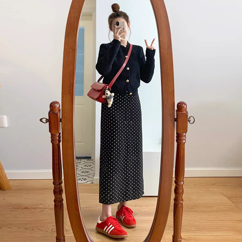 【單件/套裝】小香風黑色氣質針織開衫+波點半身裙兩件套-Cicimode
