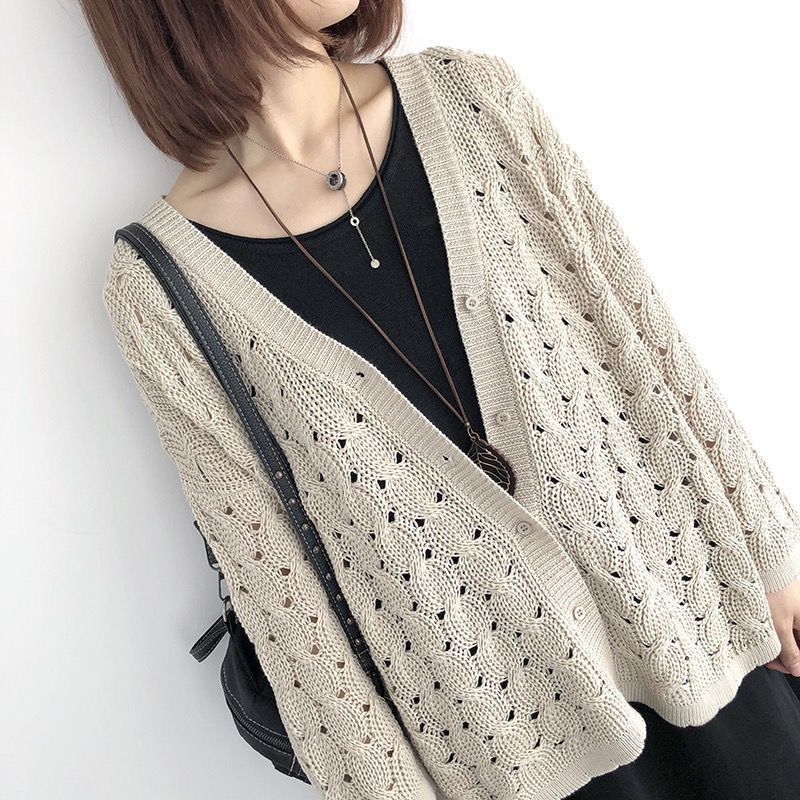 7色鏤空大碼顯瘦網眼長袖針織衫開衫-Cicimode