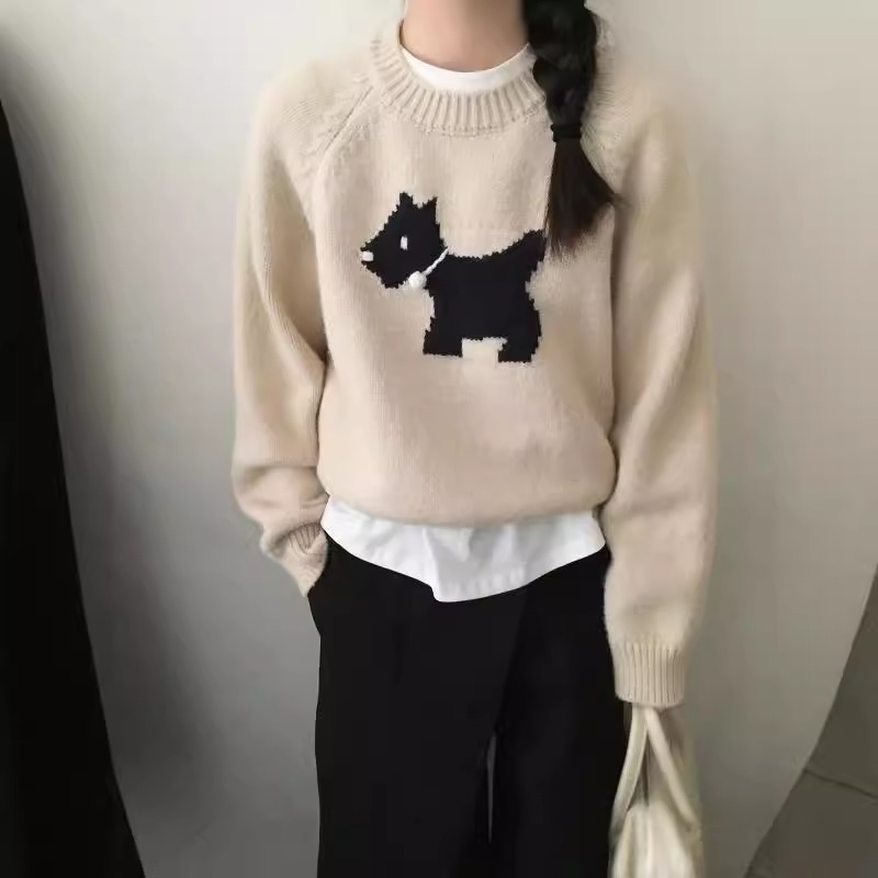 韓系寬鬆短版軟糯圓領狗狗提花針織毛衣-Cicimode