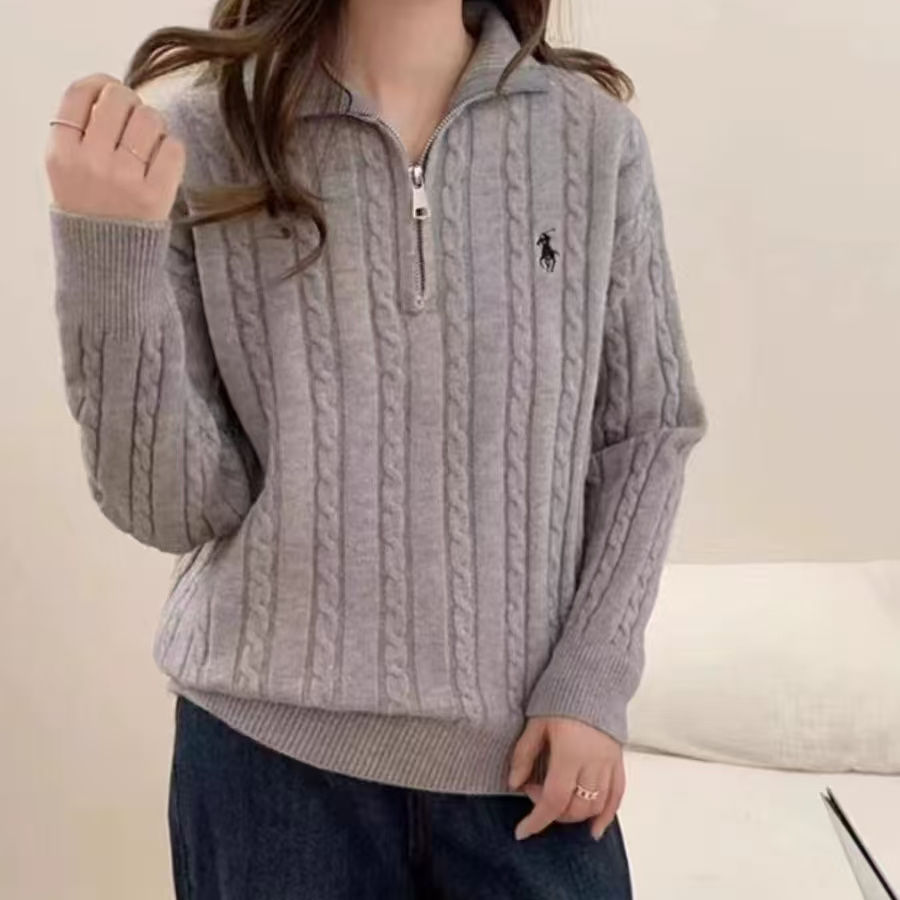 半拉鏈立領寬鬆翻領小馬刺繡針織毛衣