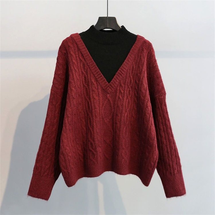 假兩件復古麻花慵懶風港味寬鬆針織毛衣