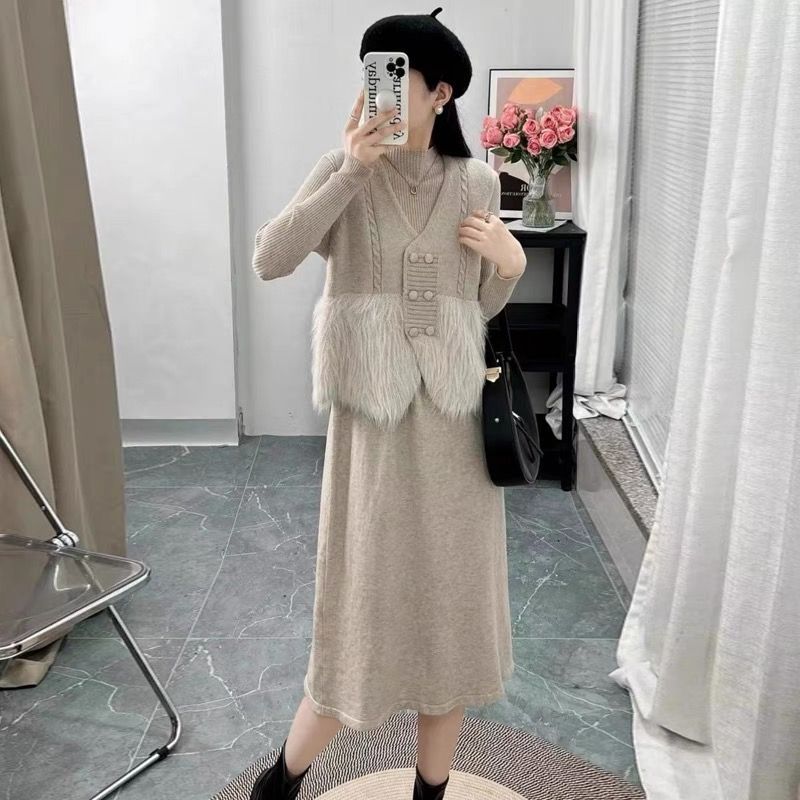 【整套】小香風拼接毛毛馬甲+高級感針織洋裝兩件套裝-Cicimode