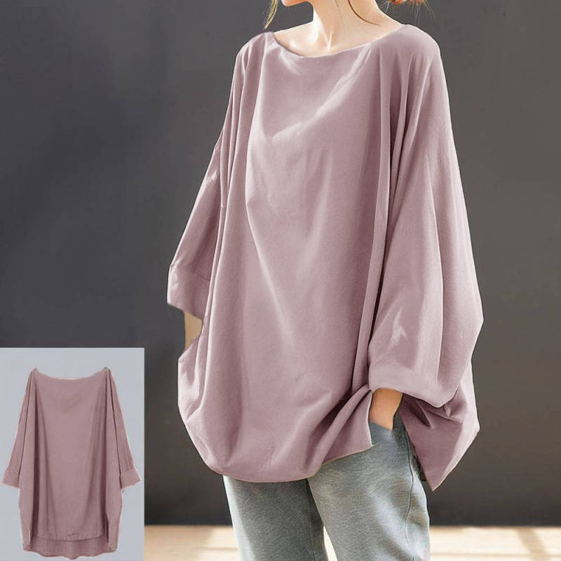 日韩休闲圓領蝙蝠袖寬鬆素色長袖T恤-Cicimode