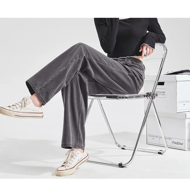 韓版休閒高腰寬鬆直筒垂感闊腿牛仔褲裝-Cicimode