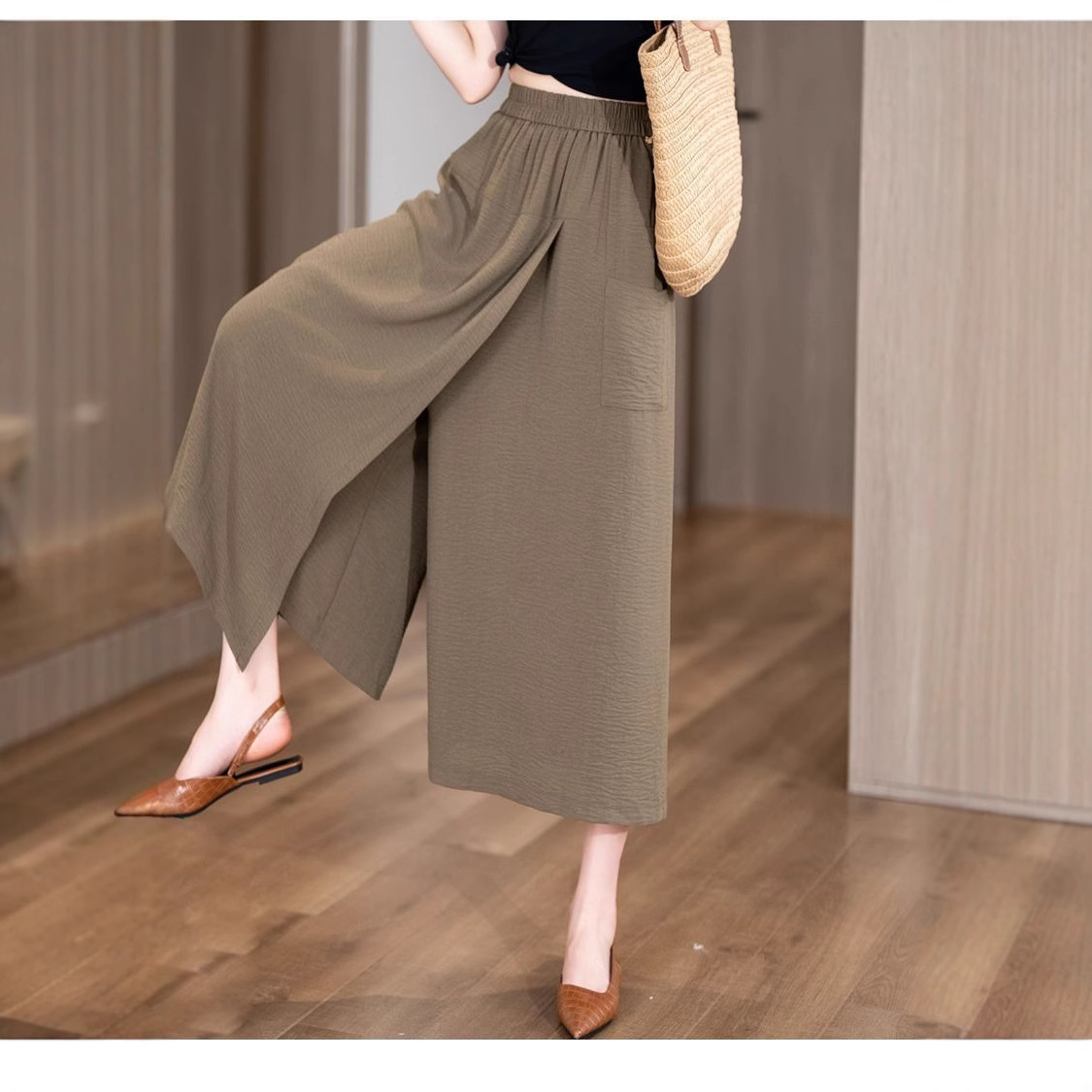 人氣款！慵懶風開叉休閒寬鬆高腰遮肉八分闊腿褲-Cicimode