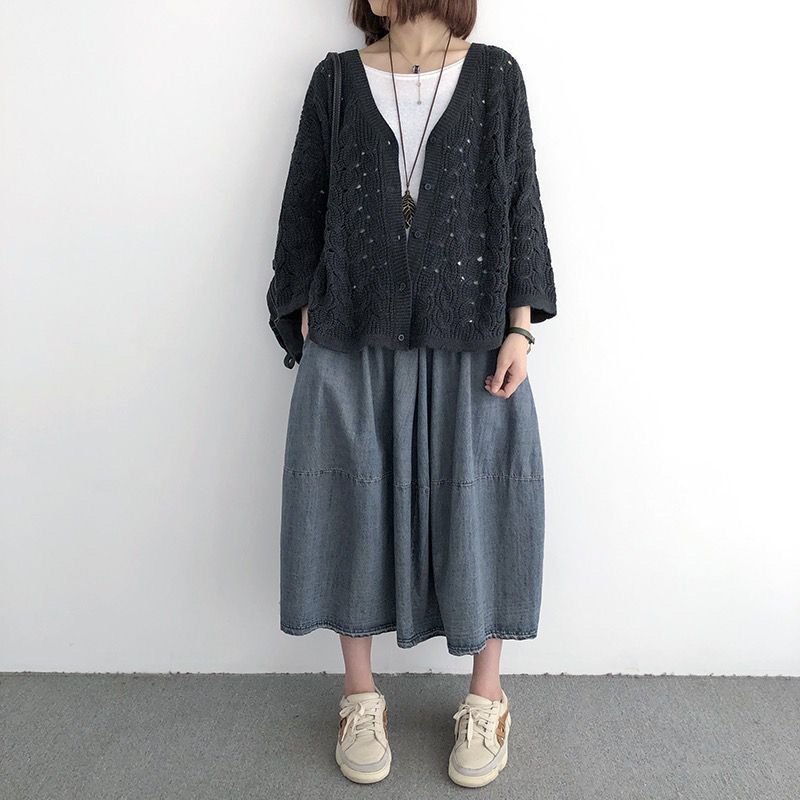 7色鏤空大碼顯瘦網眼長袖針織衫開衫-Cicimode