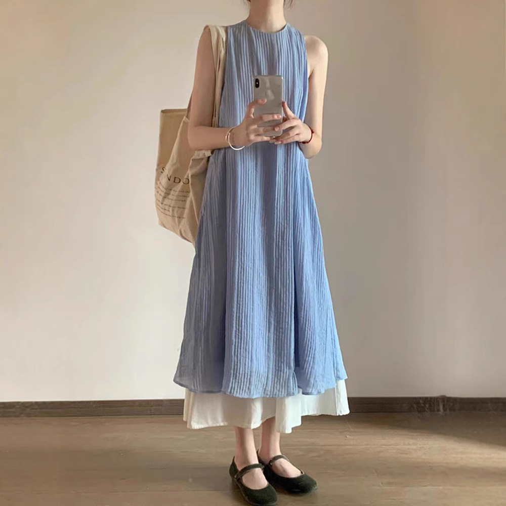 法式條紋肌理感寬鬆顯瘦垂墜氣質假兩件洋裝