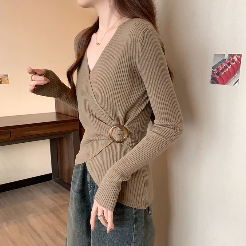 小香風v領坑條寬鬆顯瘦大碼純慾風長袖T恤