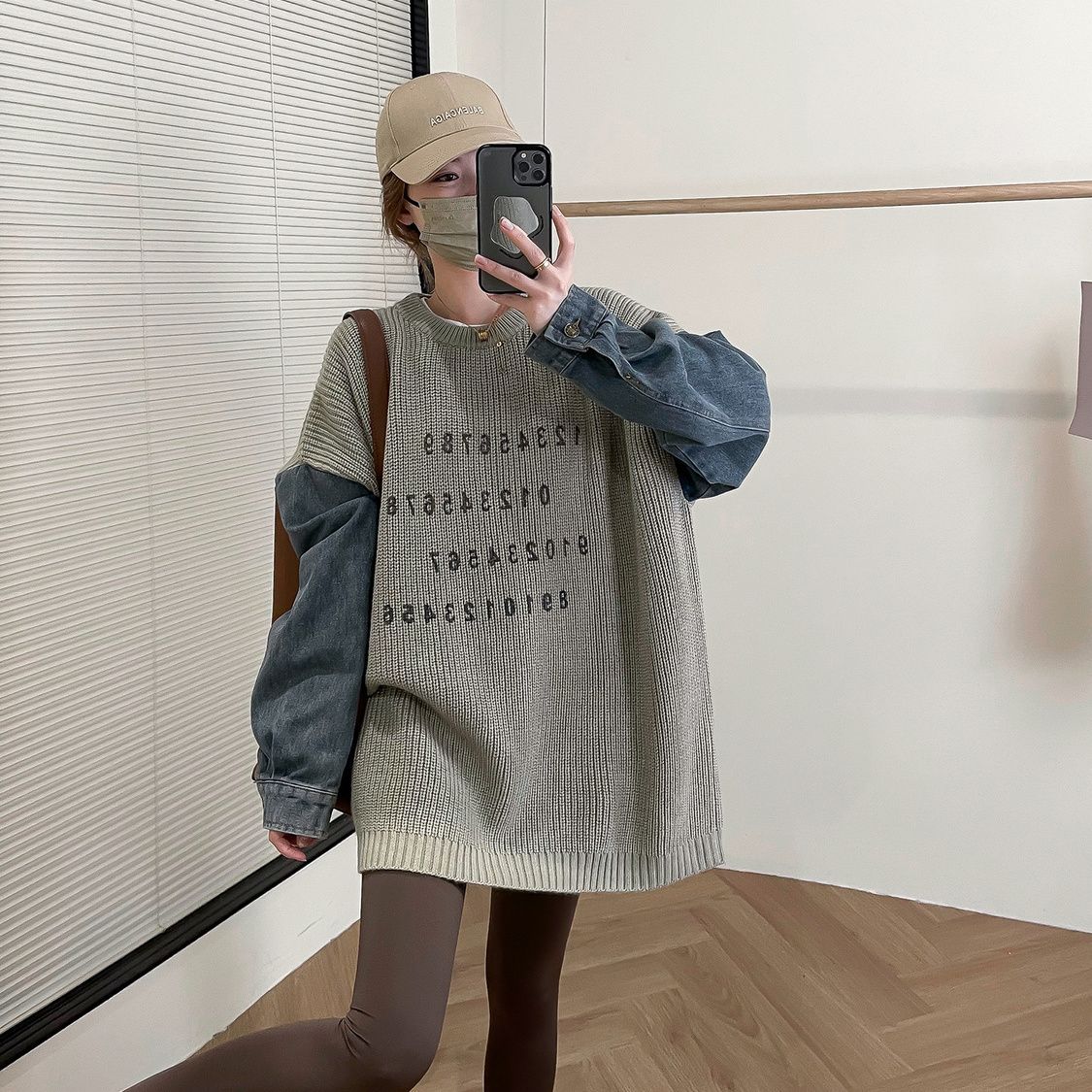 慵懶風百搭寬鬆牛仔袖拼接針織長袖-Cicimode