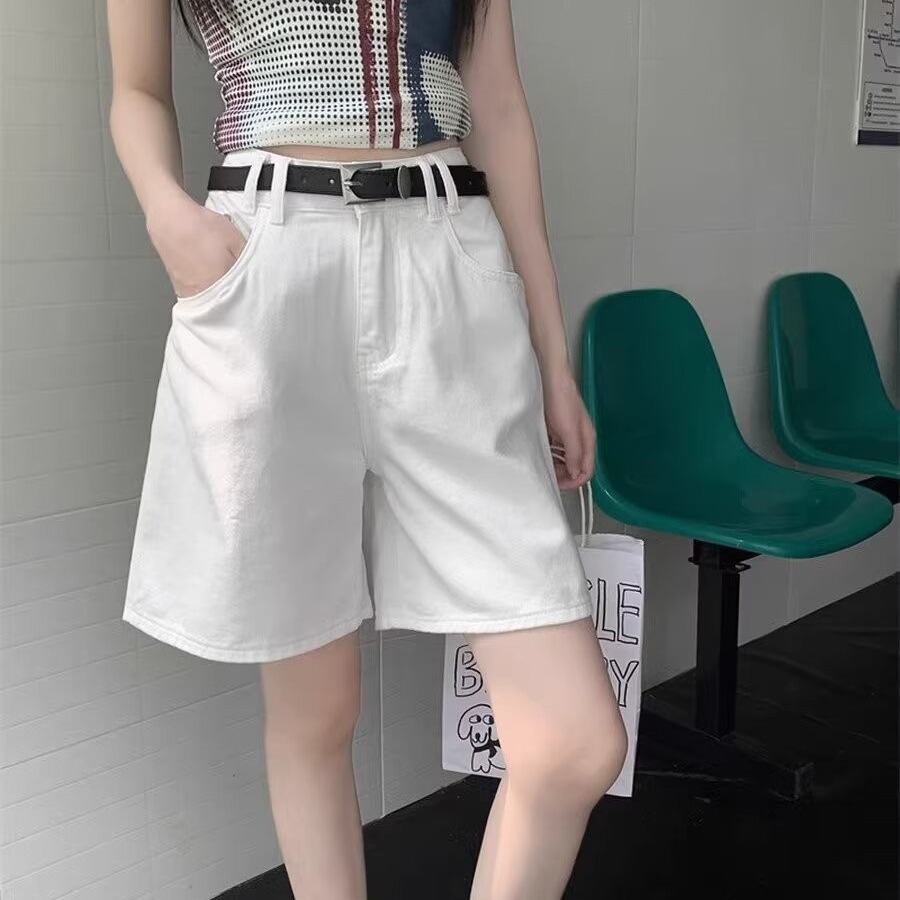 女高腰寬鬆百搭休閒a字闊腿五分直筒牛仔褲