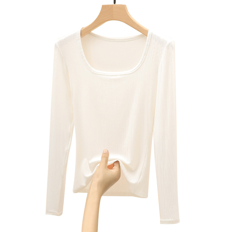 經典百搭簡約修身純色大U領內搭長袖-Cicimode