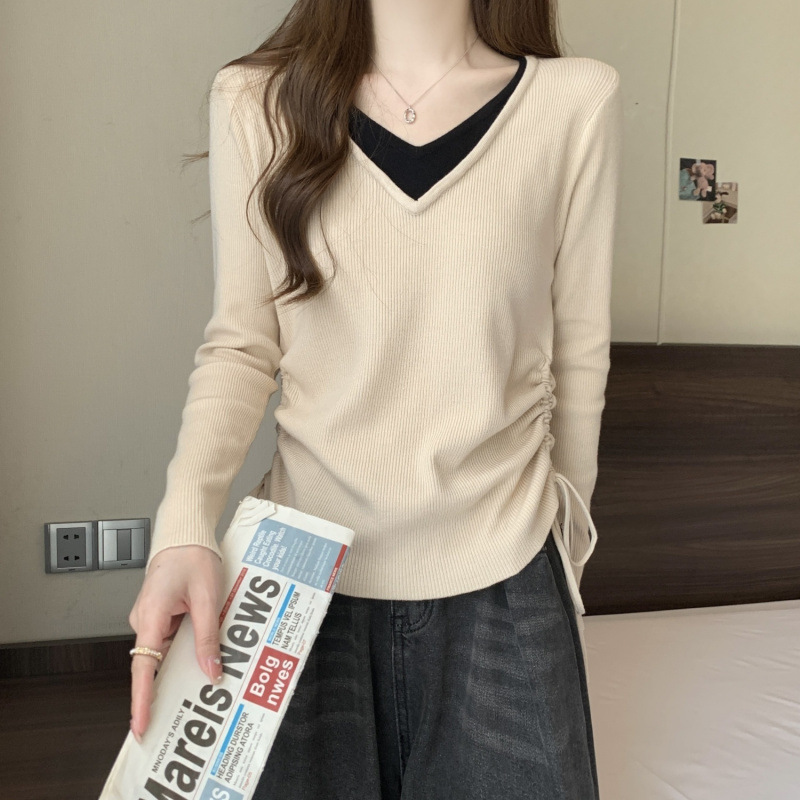 假兩件設計感正肩v領長袖內搭打底衫-Cicimode