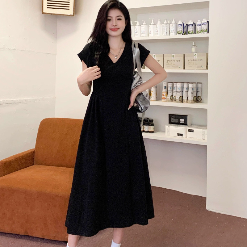 百搭純色簡約V領收腰氣質長款連身裙-Cicimode