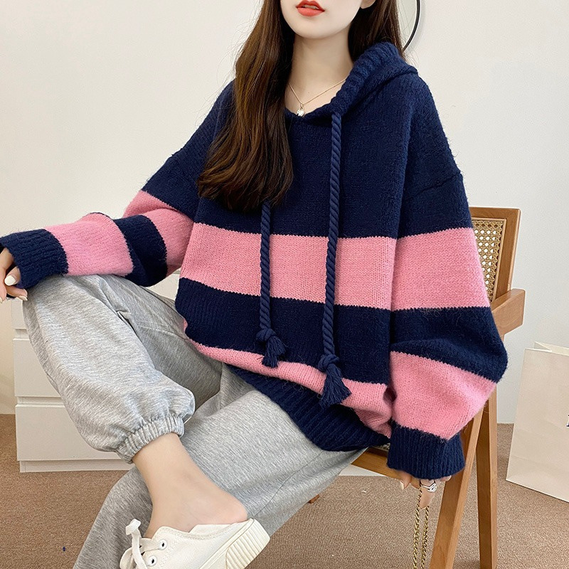 韓版潮流寬鬆條紋慵懶風連帽套頭毛衣-Cicimode