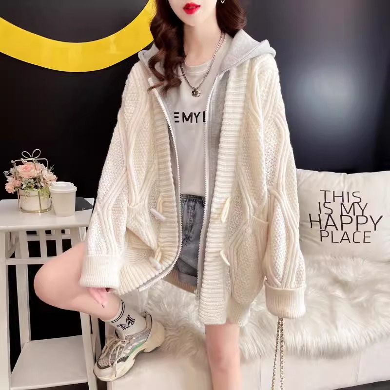 假兩件連帽寬鬆慵懶風中長版針織開衫-Cicimode