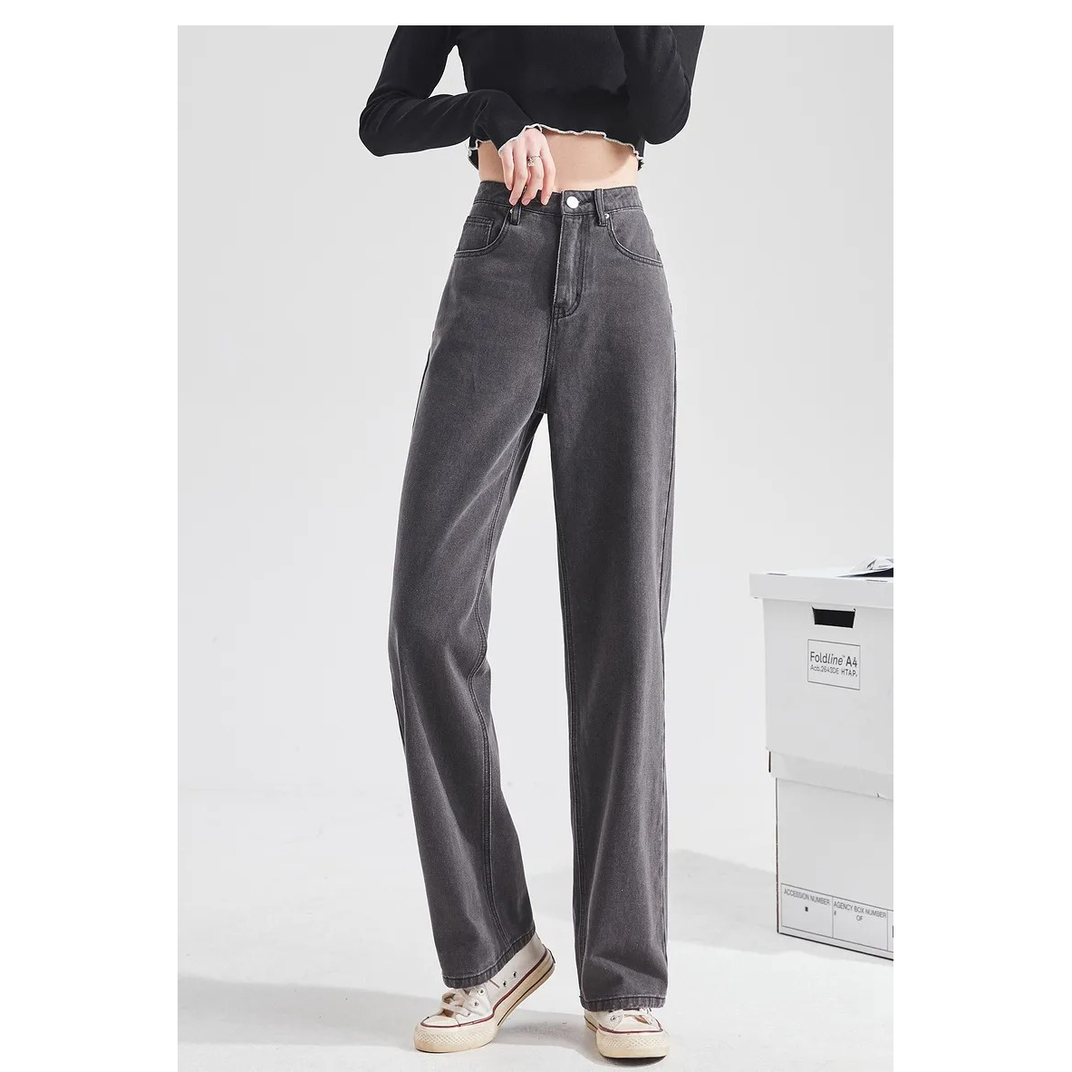 韓版休閒高腰寬鬆直筒垂感闊腿牛仔褲裝-Cicimode