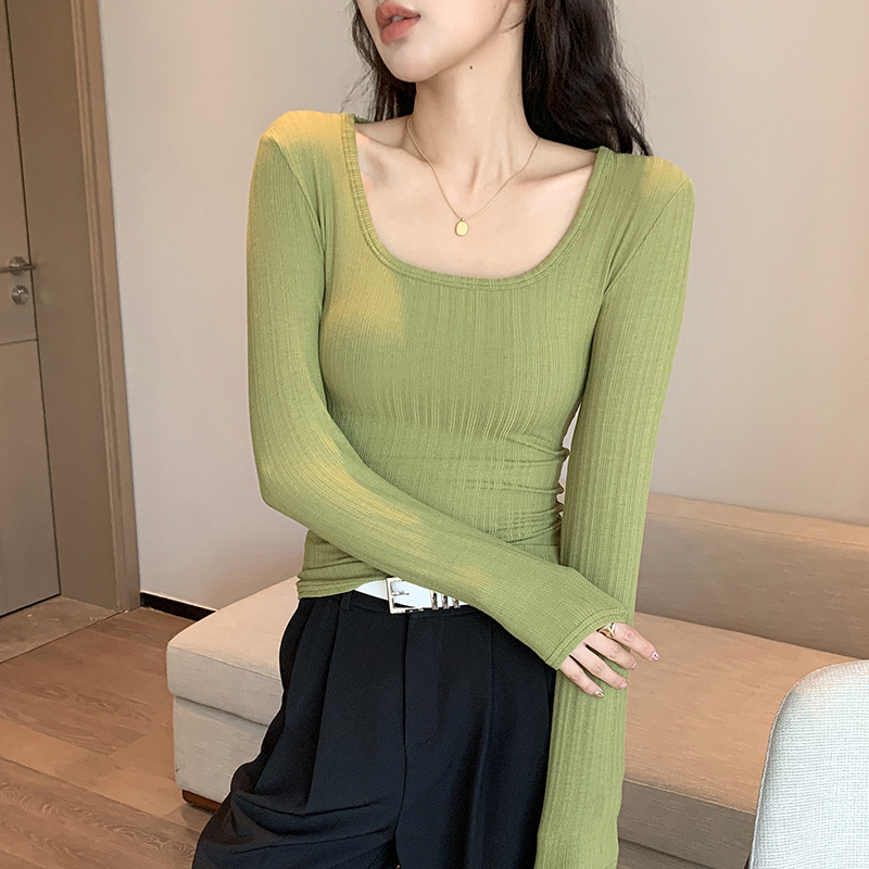 經典百搭簡約修身純色大U領內搭長袖-Cicimode