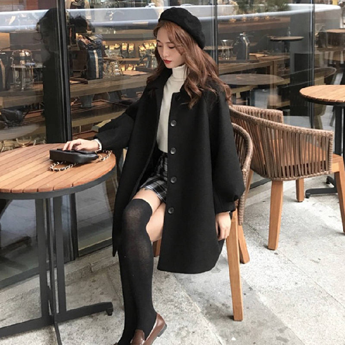 韓版寬鬆百搭中長款毛呢外套-Cicimode